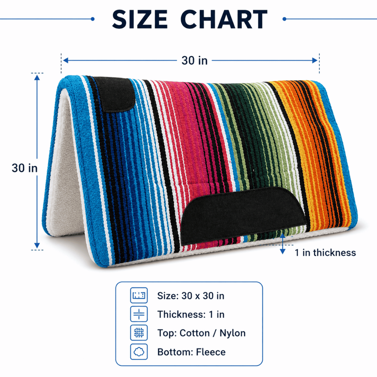 Resistance 30x30 Multi Color Western Saddle Pad – 1 Inch Thick Fleece Bottom Horse Tack Pad for Trail & Training