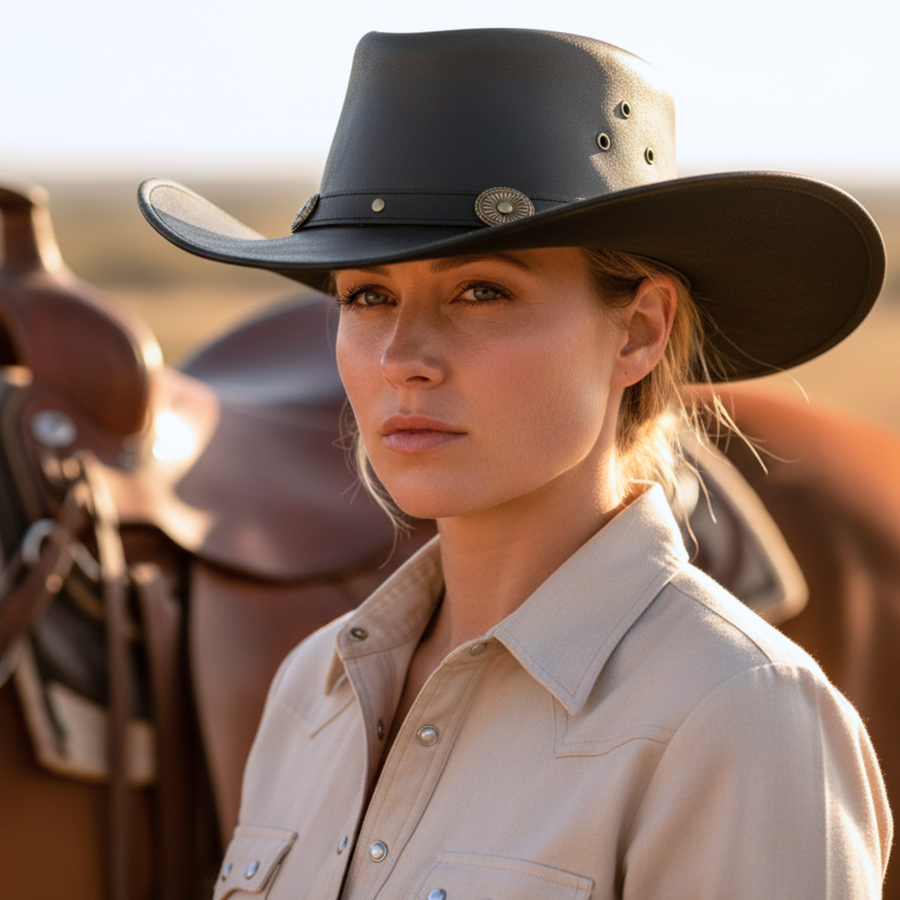 Classic Western Cowboy Hat – Real Cowhide Leather, Unisex, Wide Brim