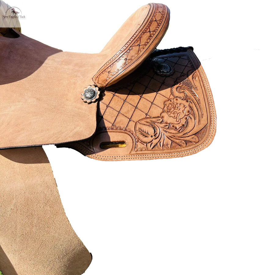 Adult Premium Leather Horse Barrel Saddle with Rough Out Fender and Leaf Tooling NewEngland Tack
