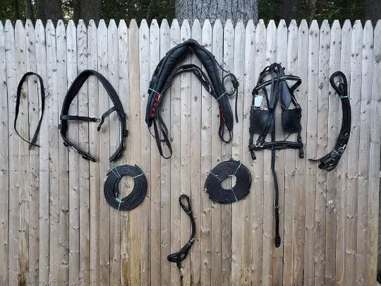 Black Full Size Horse Buffalo Leather Square Stud Browband Driving Harness Set NewEnglandTack