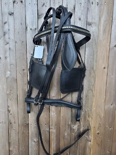 Black Full Size Horse Buffalo Leather Square Stud Browband Driving Harness Set NewEnglandTack