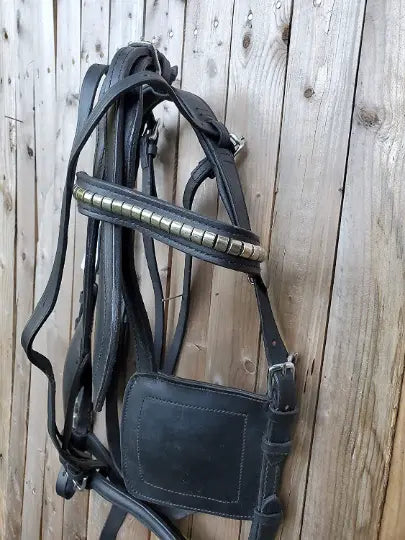 Black Full Size Horse Buffalo Leather Square Stud Browband Driving Harness Set NewEnglandTack