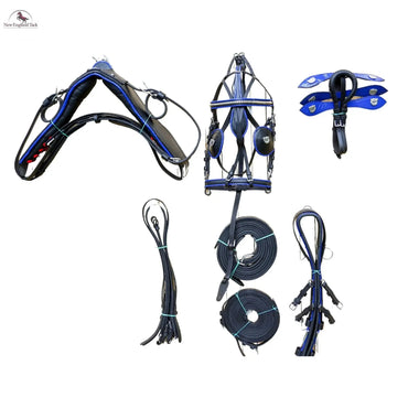 Black Horse Patent Leather Driving Harness Blue Trim Set Available In Miniature Small Pony Cob and Full Horse