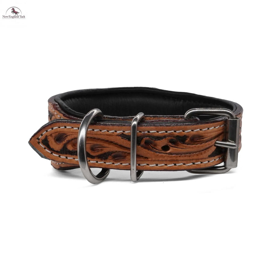 Handcrafted Argentinian Leather Dog Collar with Floral Tooling - Premium Quality NewEngland Tack