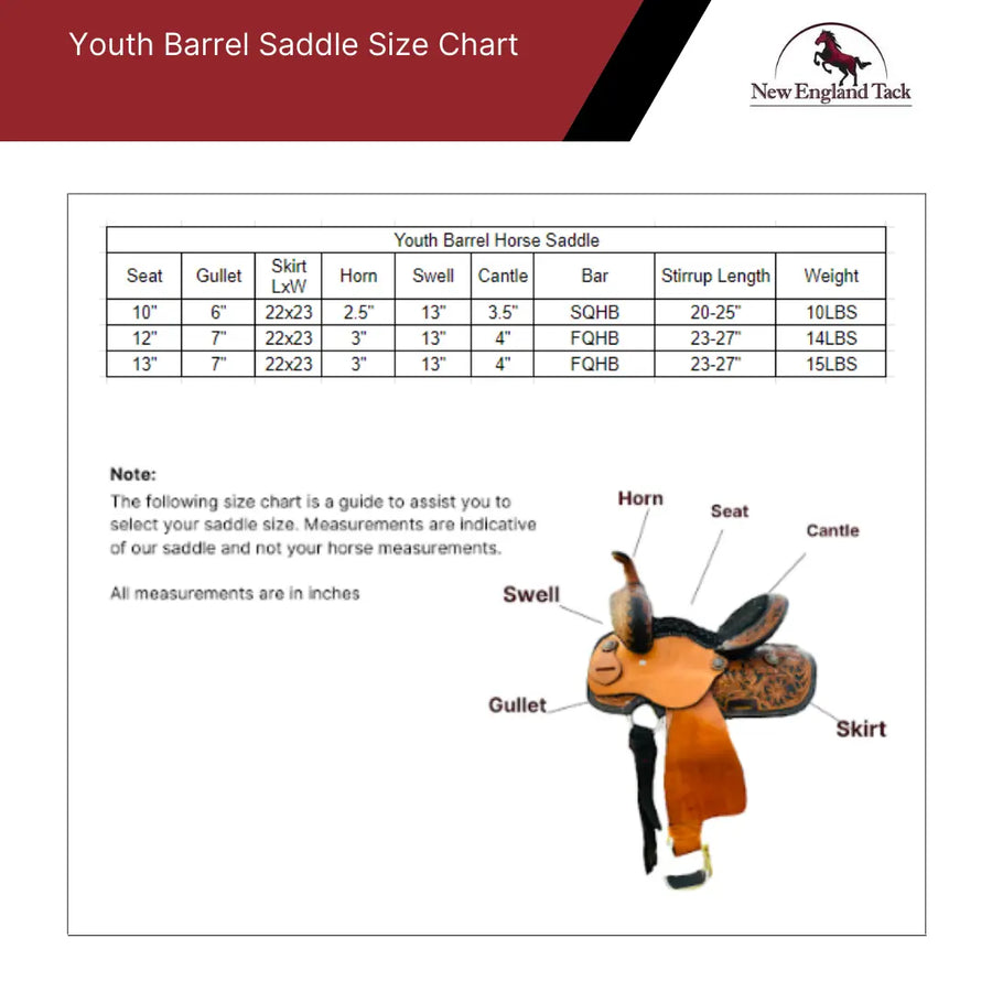 Floral Tooled Youth Western Leather Horse Barrel Saddle| Free Shipping NewEnglandTack