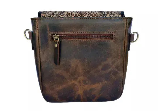 Handcrafted Hand Bag Gift For Her,  Western Brown Leather Purses For Cowgirl, Handmade Crossbody Floral Tooled Cowhide Satchel Bag - NewEngland Tack