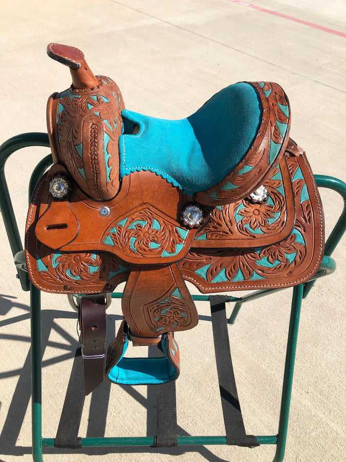 Kids Western Horse Barrel Saddle Horse Floral Tooled Leather 8 "-Pink/Purple/Turquoise/Brown - NewEngland Tack