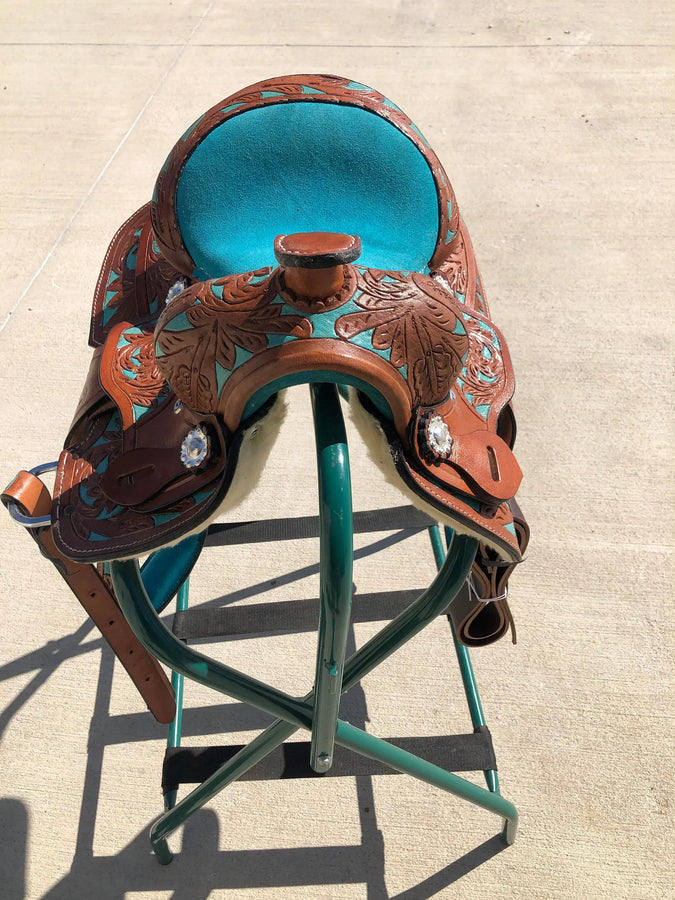 Kids Western Horse Barrel Saddle Horse Floral Tooled Leather 8 "-Pink/Purple/Turquoise/Brown - NewEngland Tack