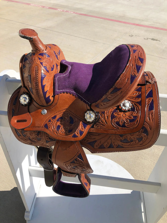 Kids Western Horse Barrel Saddle Horse Floral Tooled Leather 8 "-Pink/Purple/Turquoise/Brown - NewEngland Tack