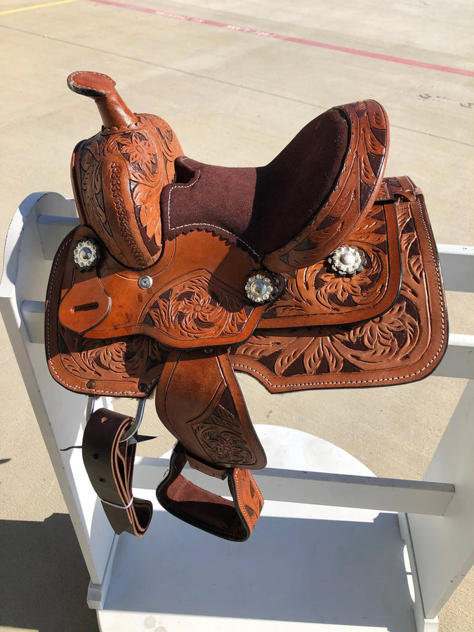 Kids Western Horse Barrel Saddle Horse Floral Tooled Leather 8 "-Pink/Purple/Turquoise/Brown - NewEngland Tack