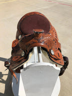 Kids Western Horse Barrel Saddle Horse Floral Tooled Leather 8 "-Pink/Purple/Turquoise/Brown - NewEngland Tack