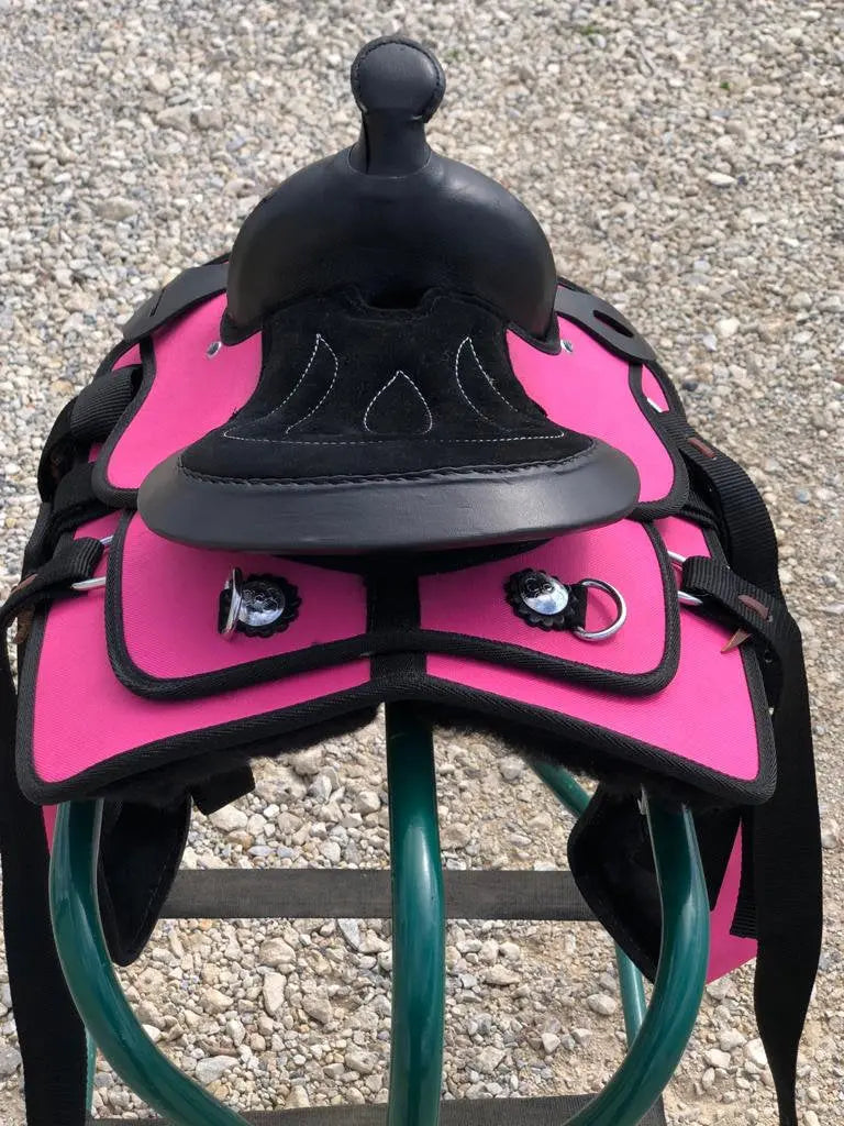 Kids Western New Generation Horse Synthetic Saddle - 8"- Blue/Black/Light Brown/Pink Color Saddle - NewEngland Tack