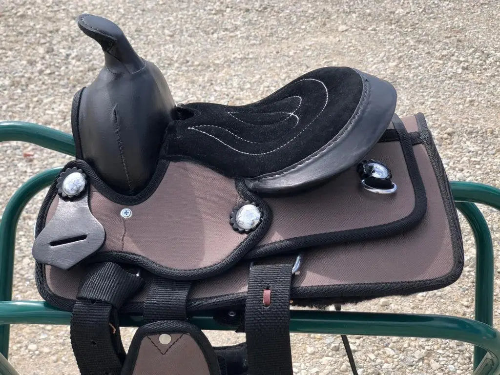 Kids Western New Generation Horse Synthetic Saddle - 8"- Blue/Black/Light Brown/Pink Color Saddle - NewEngland Tack