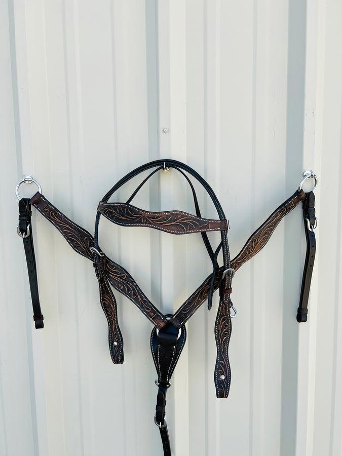 Premium Argentinian Leather Headstall and Breast Collar Floral Tooled NewEngland Tack