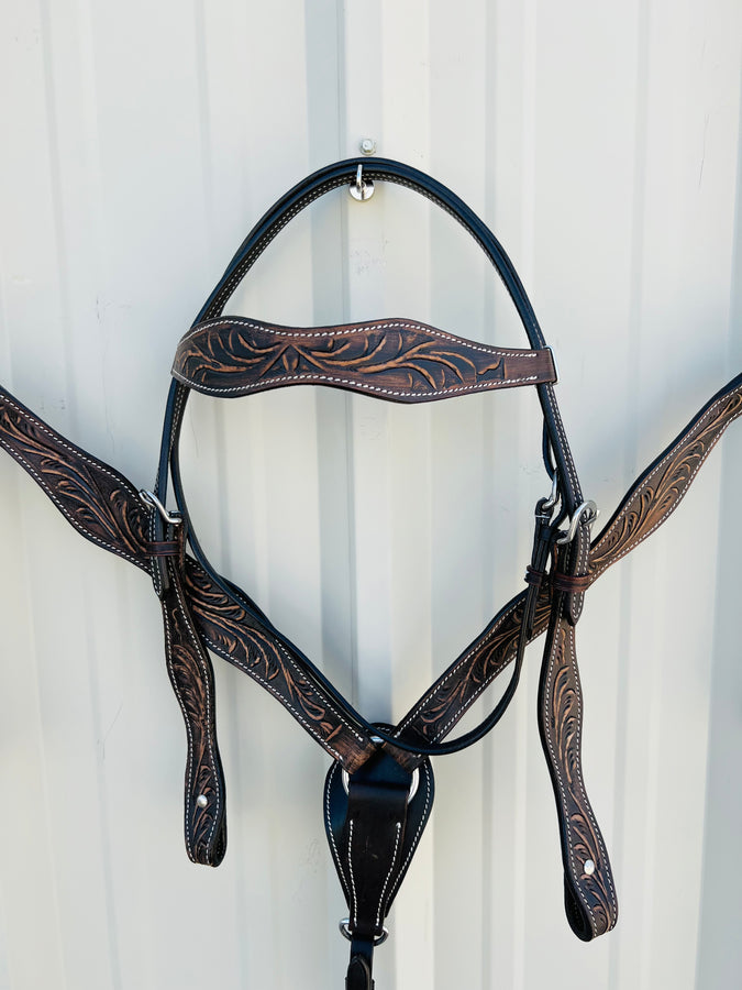 Premium Argentinian Leather Headstall and Breast Collar Floral Tooled NewEngland Tack