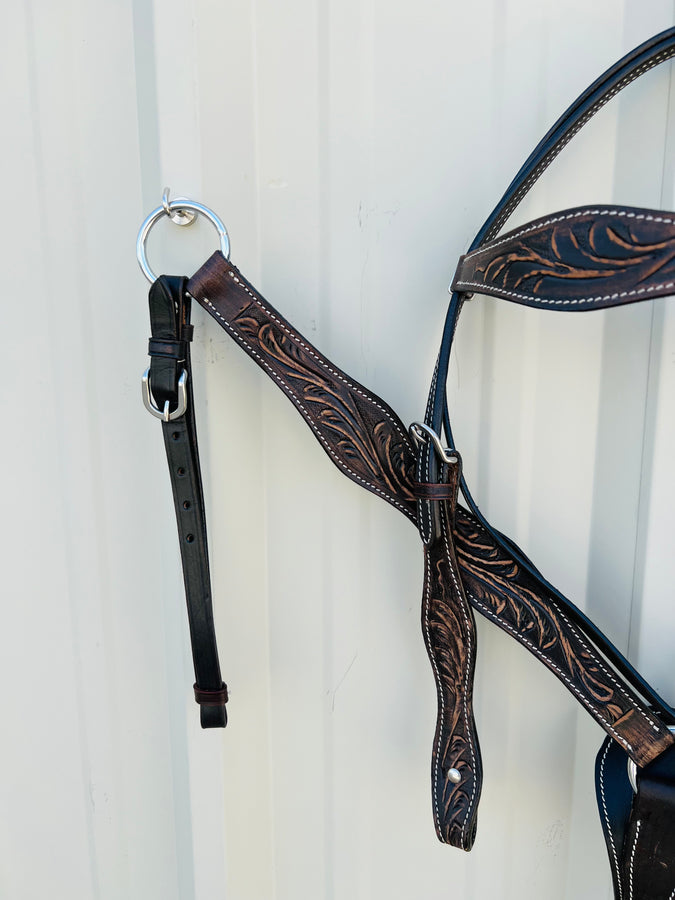 Premium Argentinian Leather Headstall and Breast Collar Floral Tooled NewEngland Tack