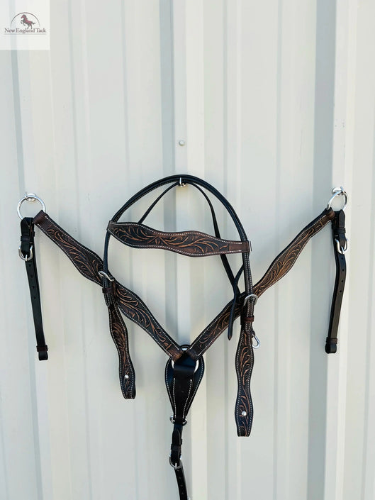 Premium Argentinian Leather Headstall and Breast Collar Floral Tooled NewEngland Tack