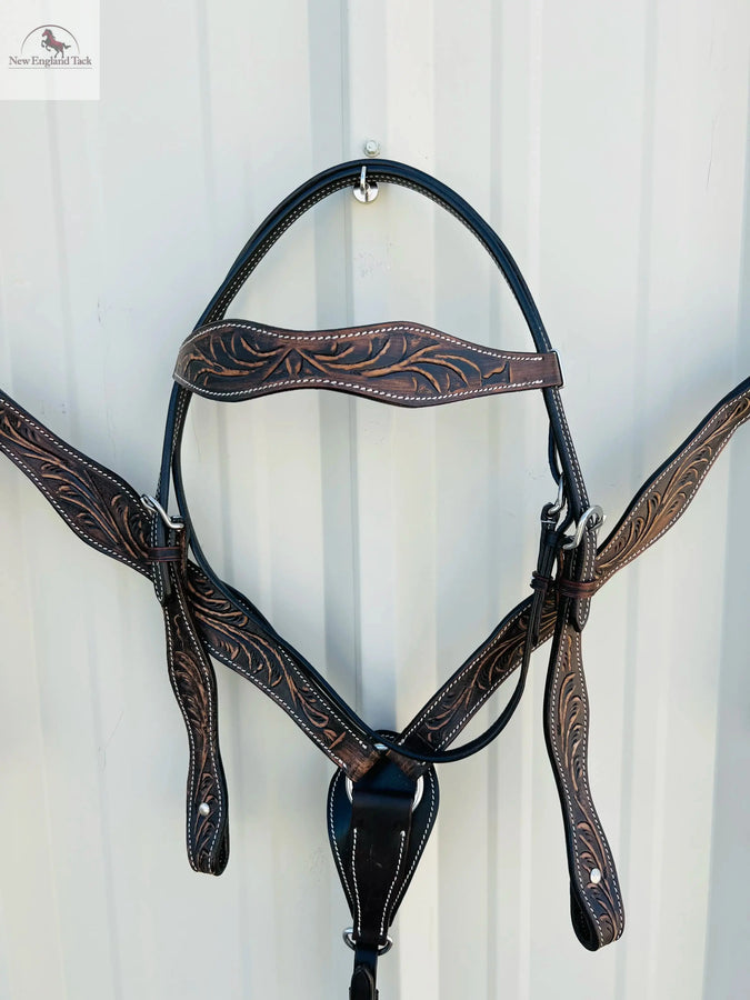 Premium Argentinian Leather Headstall and Breast Collar Floral Tooled NewEngland Tack
