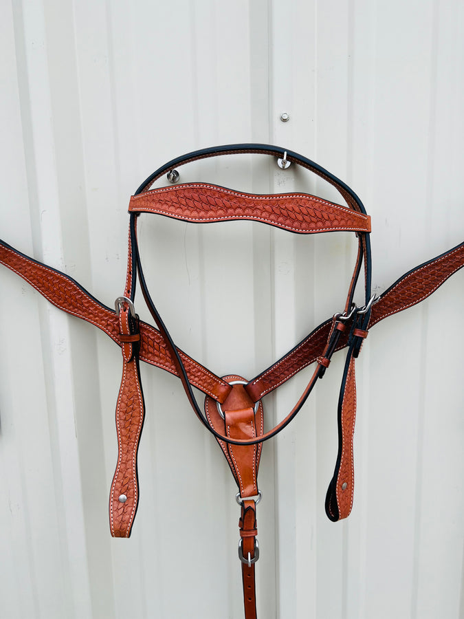 Premium Leather Headstall and Breast Collar Set with Basket wave Tooling NewEngland Tack