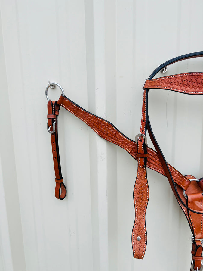 Premium Leather Headstall and Breast Collar Set with Basket wave Tooling NewEngland Tack