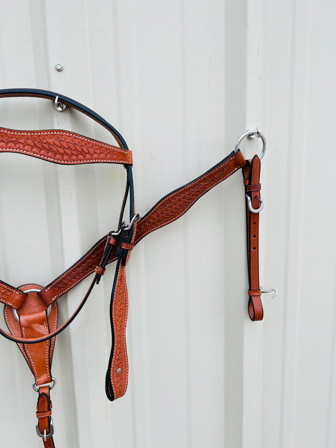 Premium Leather Headstall and Breast Collar Set with Basket wave Tooling NewEngland Tack