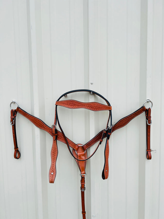 Premium Leather Headstall and Breast Collar Set with Basket wave Tooling NewEngland Tack