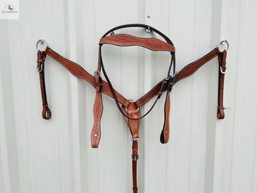 Premium Leather Headstall and Breast Collar Set with Basket wave Tooling NewEngland Tack