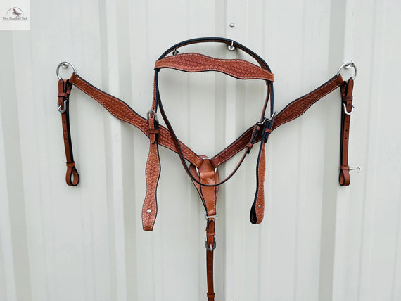 Premium Leather Headstall and Breast Collar Set with Basket wave Tooling NewEngland Tack