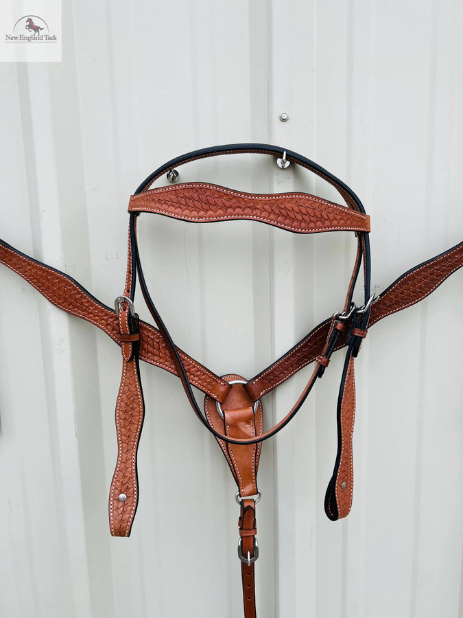 Premium Leather Headstall and Breast Collar Set with Basket wave Tooling NewEngland Tack