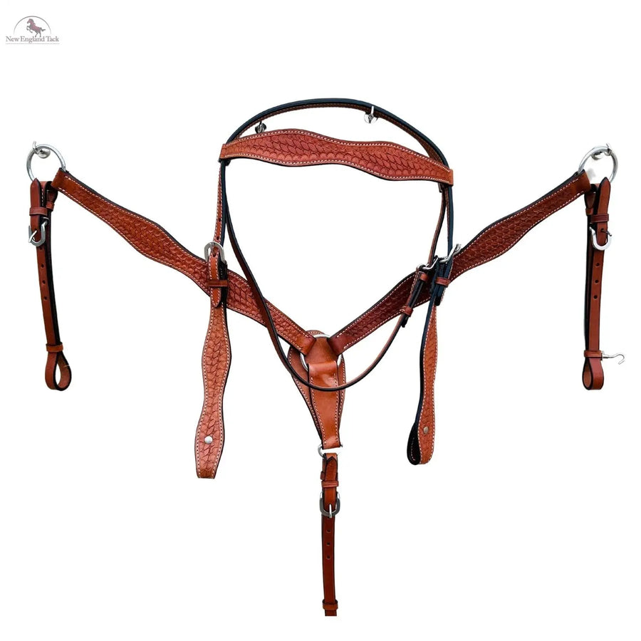 Premium Leather Headstall and Breast Collar Set with Basket wave Tooling NewEngland Tack