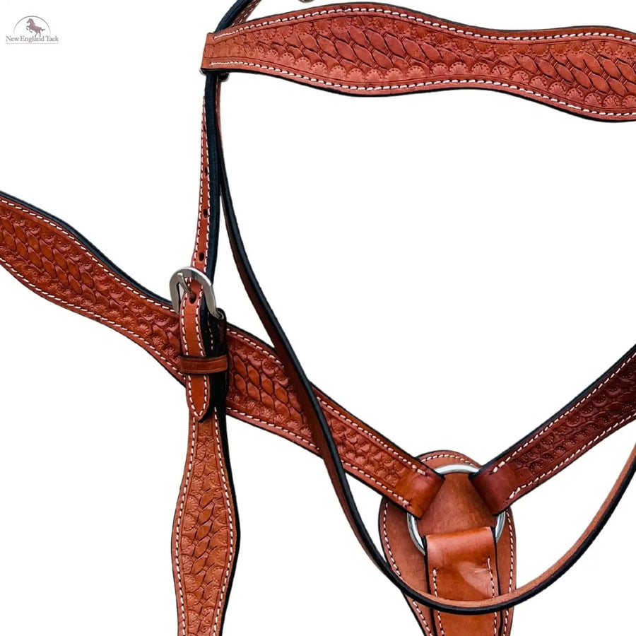 Premium Leather Headstall and Breast Collar Set with Basket wave Tooling NewEngland Tack