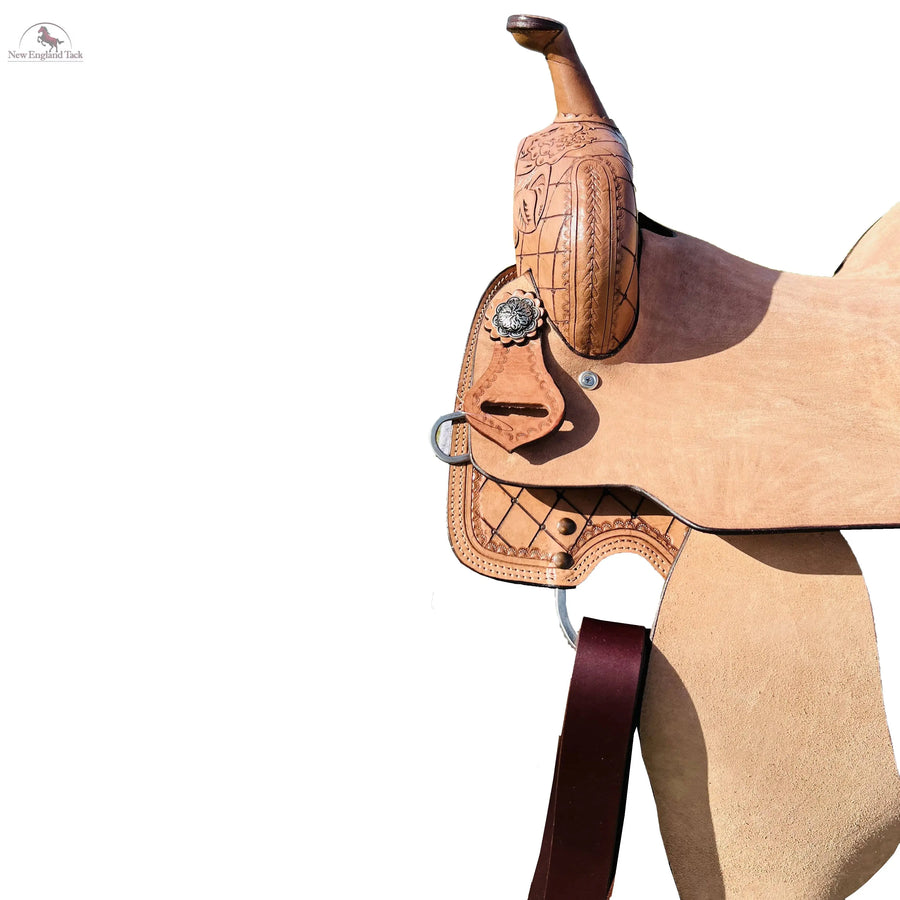Premium Leather Horse Barrel Western Saddle with Rough Out Fender and Leaf Tooling NewEngland Tack