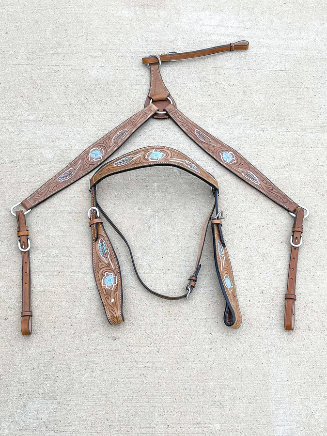 Premium Quality Western Headstall and Breast Collar Set - Leather - Floral Tooled - Horse Tack - Dark Brown Color - NewEngland Tack