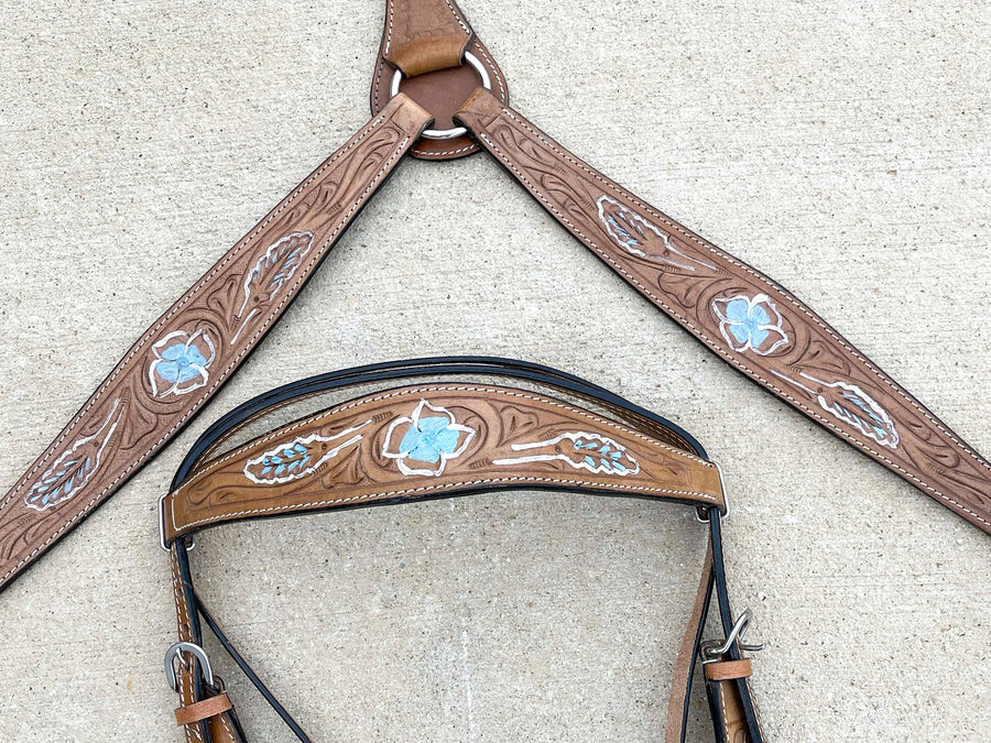 Premium Quality Western Headstall and Breast Collar Set - Leather - Floral Tooled - Horse Tack - Dark Brown Color - NewEngland Tack