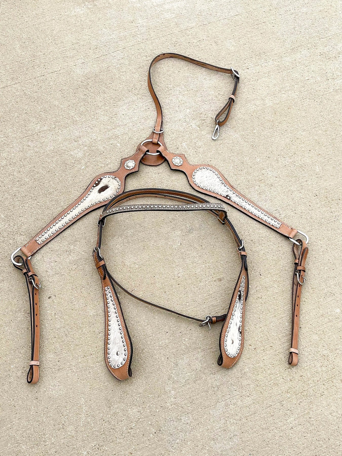 Premium Quality Western Headstall and Breast Collar Set - Leather - Horse Tack - Silver Conchos And Beads - NewEngland Tack