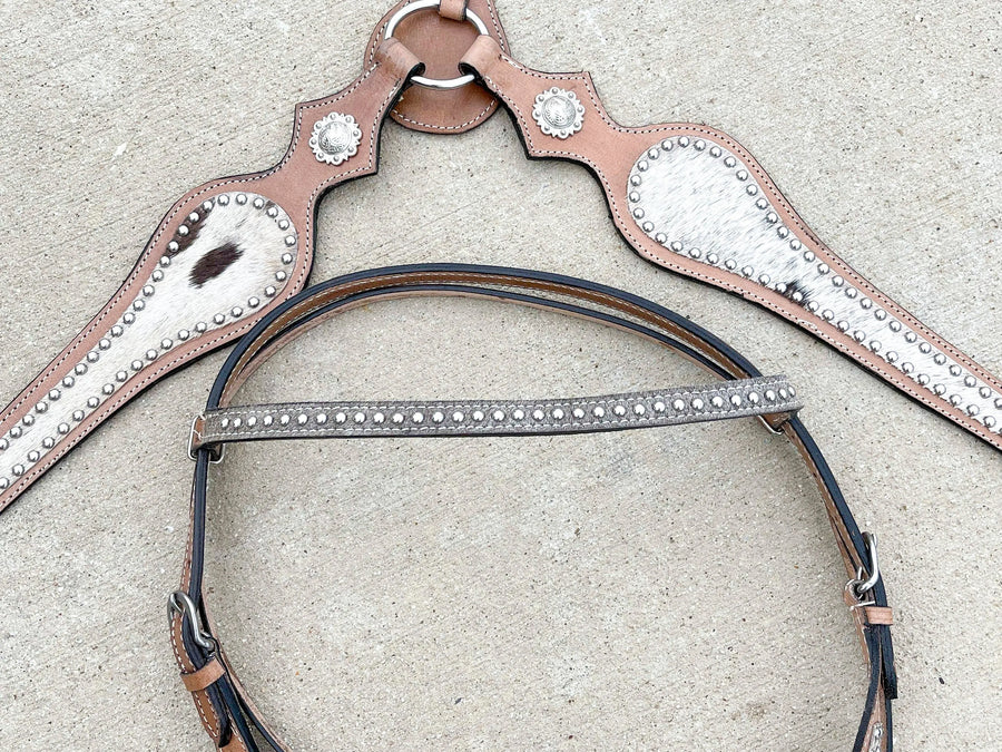 Premium Quality Western Headstall and Breast Collar Set - Leather - Horse Tack - Silver Conchos And Beads - NewEngland Tack