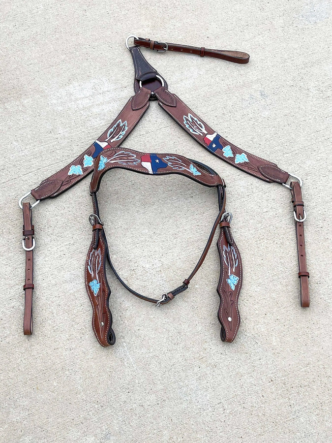 Premium Quality Western Headstall and Breast Collar Set - Leather - Tooled - Horse Tack - Dark Brown Color - NewEngland Tack