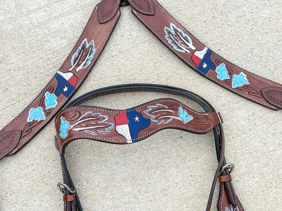 Premium Quality Western Headstall and Breast Collar Set - Leather - Tooled - Horse Tack - Dark Brown Color - NewEngland Tack