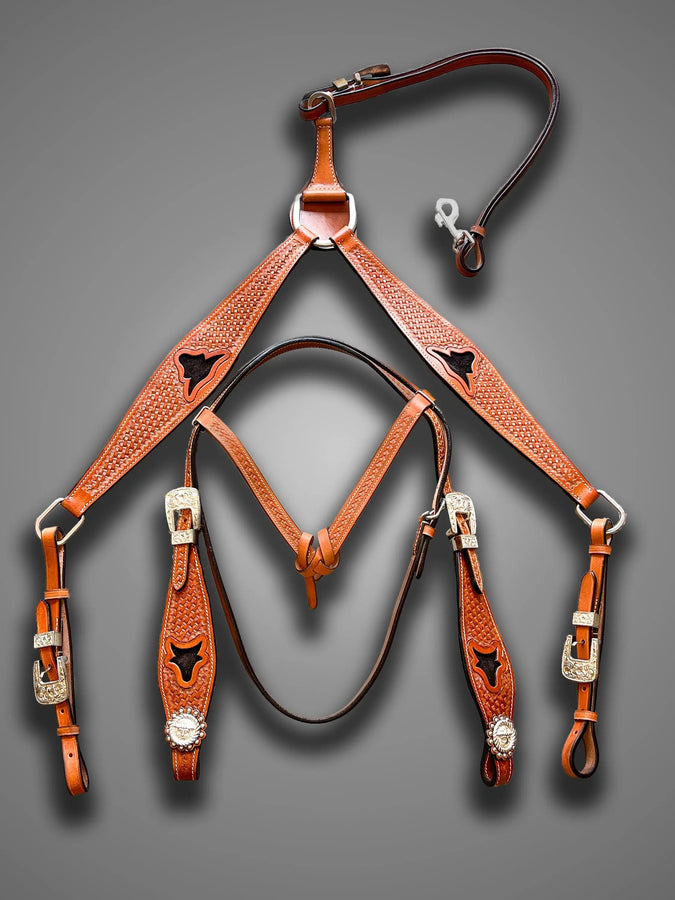 Premium Quality Western Leather Headstall Breast Collar Set Brown Basketweave & Horn - NewEngland Tack