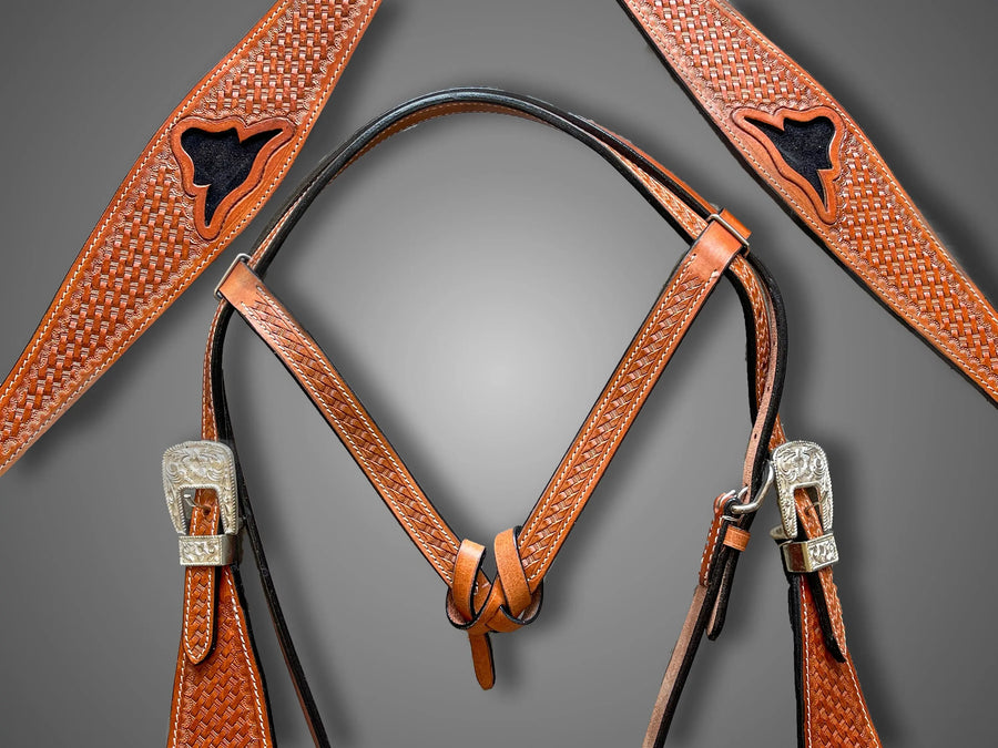 Premium Quality Western Leather Headstall Breast Collar Set Brown Basketweave & Horn - NewEngland Tack