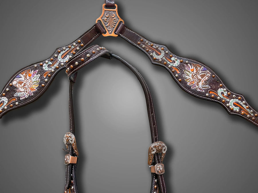 Premium Quality Western Leather Headstall and Breast Collar Set with Conchos And Beads - NewEngland Tack
