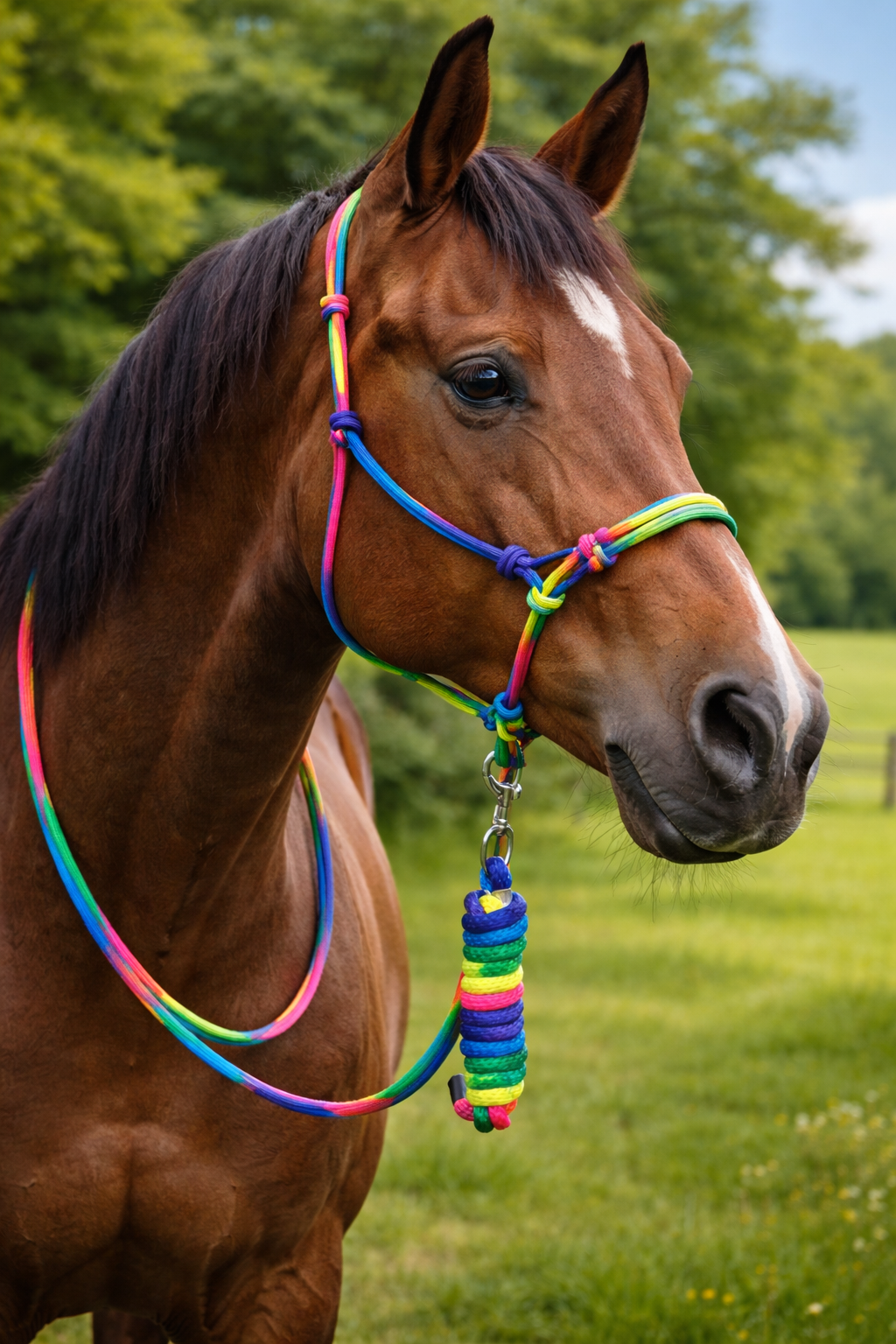 Resistance Multi Color Rope Halter with 9ft Lead Rope Full Size Rainbow Knotted Horse Halter