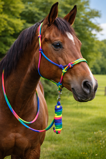 Resistance Multi Color Rope Halter with 9ft Lead Rope Full Size Rainbow Knotted Horse Halter