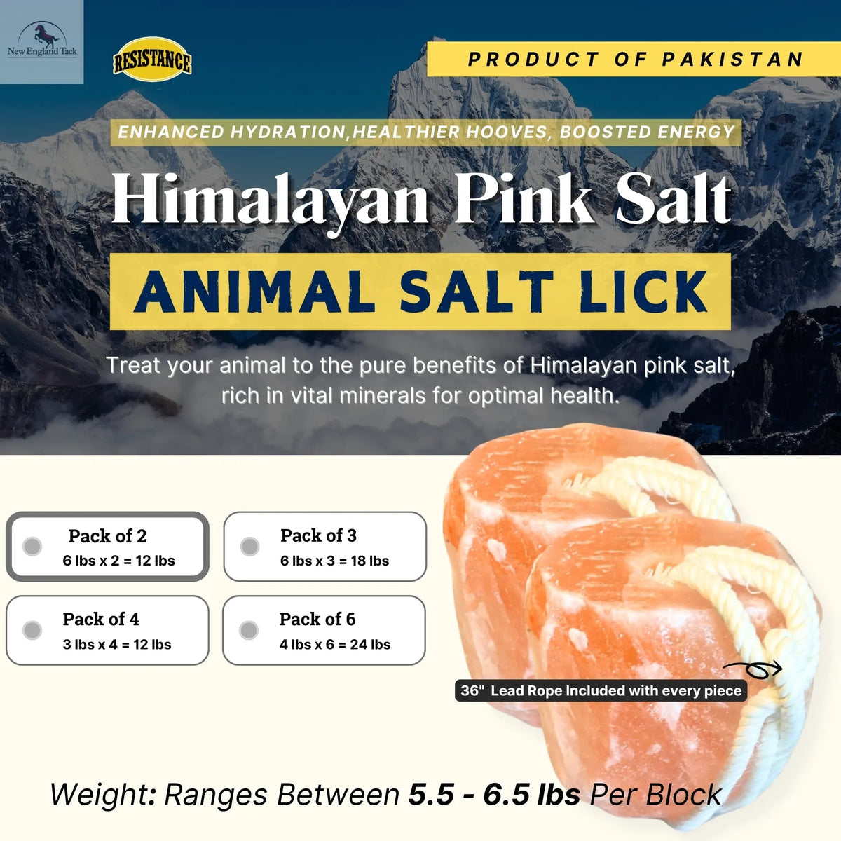 RESISTANCE Pink Himalayan Salt Lick Block with Rope for Horses, Cattle, Deer, Goats, and Livestock – (Each Block Weight 6 lbs) NewEngland Tack