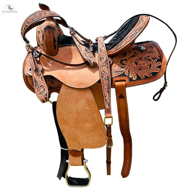 Resistance Adult Western Horse Barrel Saddle For Horse Riding | Floral Tooled With Silver Conchos | Genuine Leather 14" 15" 16" with Free Tack set NewEngland Tack