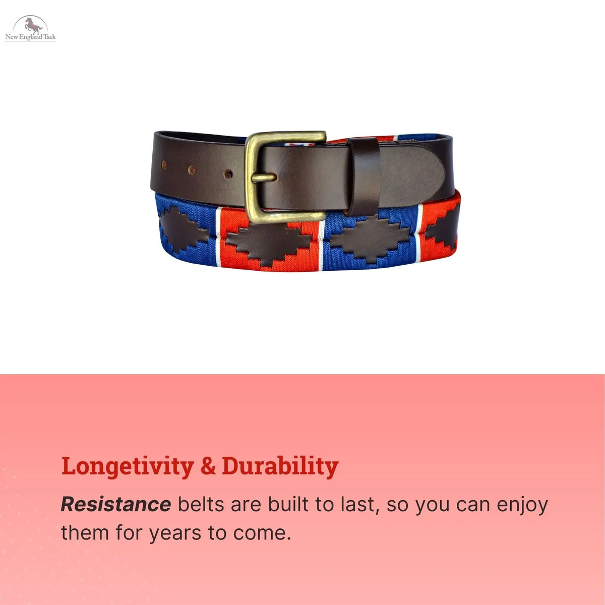 Resistance Polo Belt for Men | Hand Stitched Leather Belt With Colorful Embroidery | Gaucho Style Belt 1.5” Wide NewEngland Tack