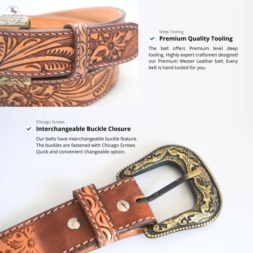 Resistance Premium Western Cowgirl Cowboy Floral Tooled  Argentinian Leather Belt NewEngland Tack