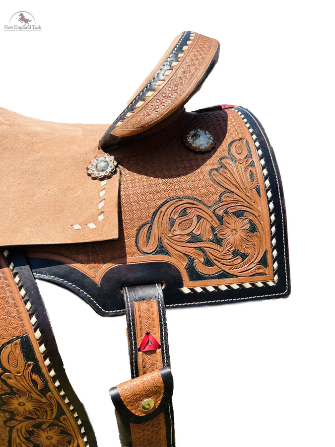 Resistance Rough Out Hard Seat Barrel Style Saddle With Floral Tooled Leather Square Skirt and Fenders - 14, 15, 16 Inch Newenglandtack