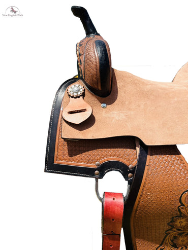 Resistance Rough Out Hard Seat Barrel Style Saddle With Floral Tooled Leather Square Skirt and Fenders - 14, 15, 16 Inch Newenglandtack