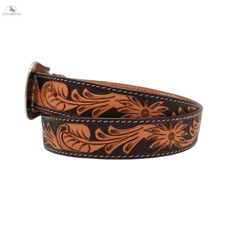 Resistance Western Cowgirl Cowboy Floral Tooled  Argentinian Leather Belt With Black Silver Buckle NewEngland Tack